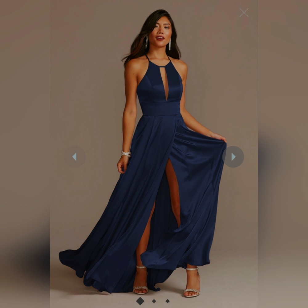 Marine Blue Bridesmaid Dress satin-like keyhole spaghetti straps pockets size 12